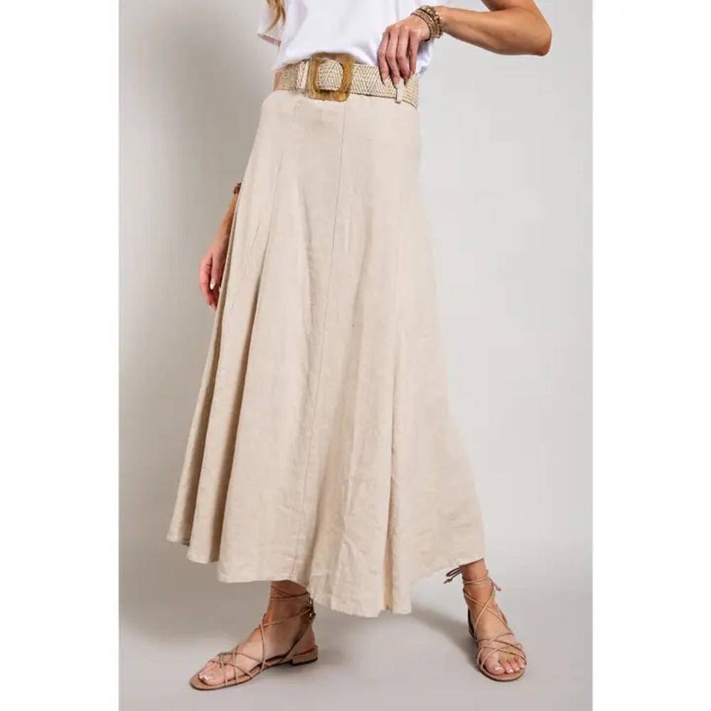 Linen Blend Beige Maxi Skirt with Belt